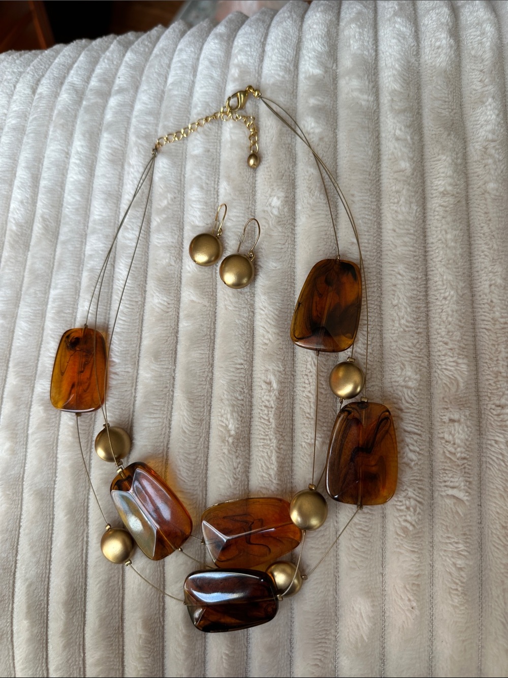 Gold and Amber Bead Multi-Strand Necklace and Earring Set